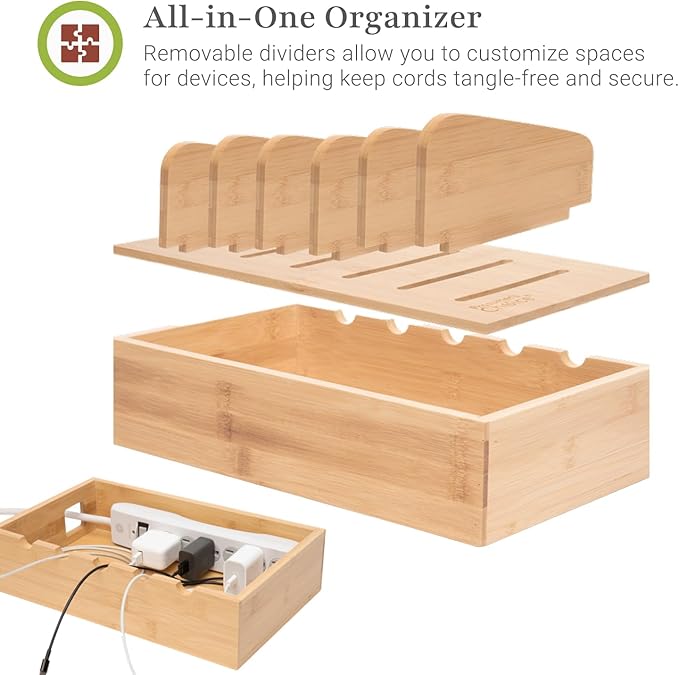 Prosumer's Choice Wooden Charging Station Organizer - 5-Port Base for Phones, Tablets and Laptops - Multi-Device Docking Station with Removable Divider Slots - Cord Box with Cable Management - Bamboo