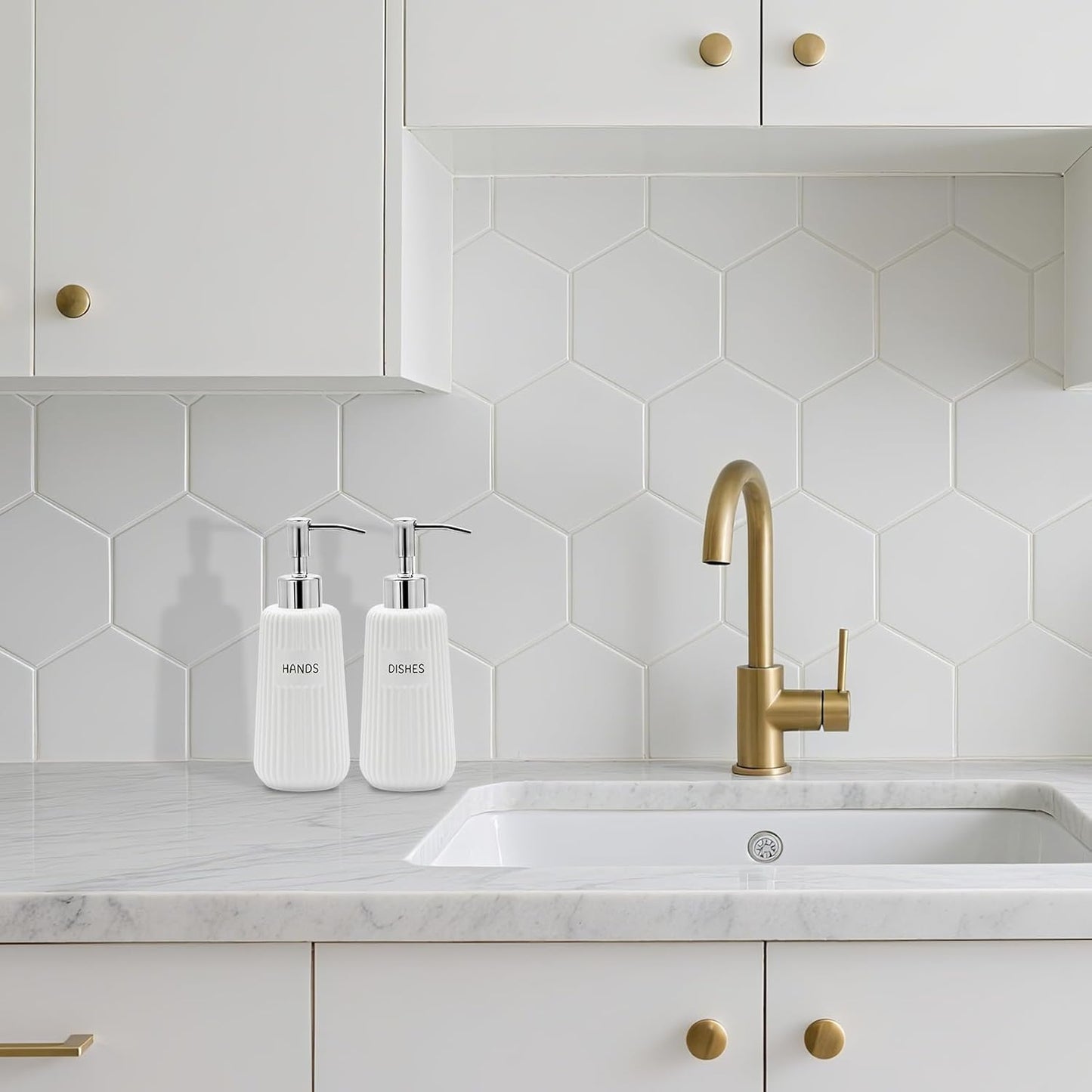 Kitchen Soap Dispenser Set with Stainless Steel Pump and Funnel, Modern Ceramic Refillable Hand and Dish Soap Dispenser Set for Kitchen, Bathroom, Office, Hotel, Matte White