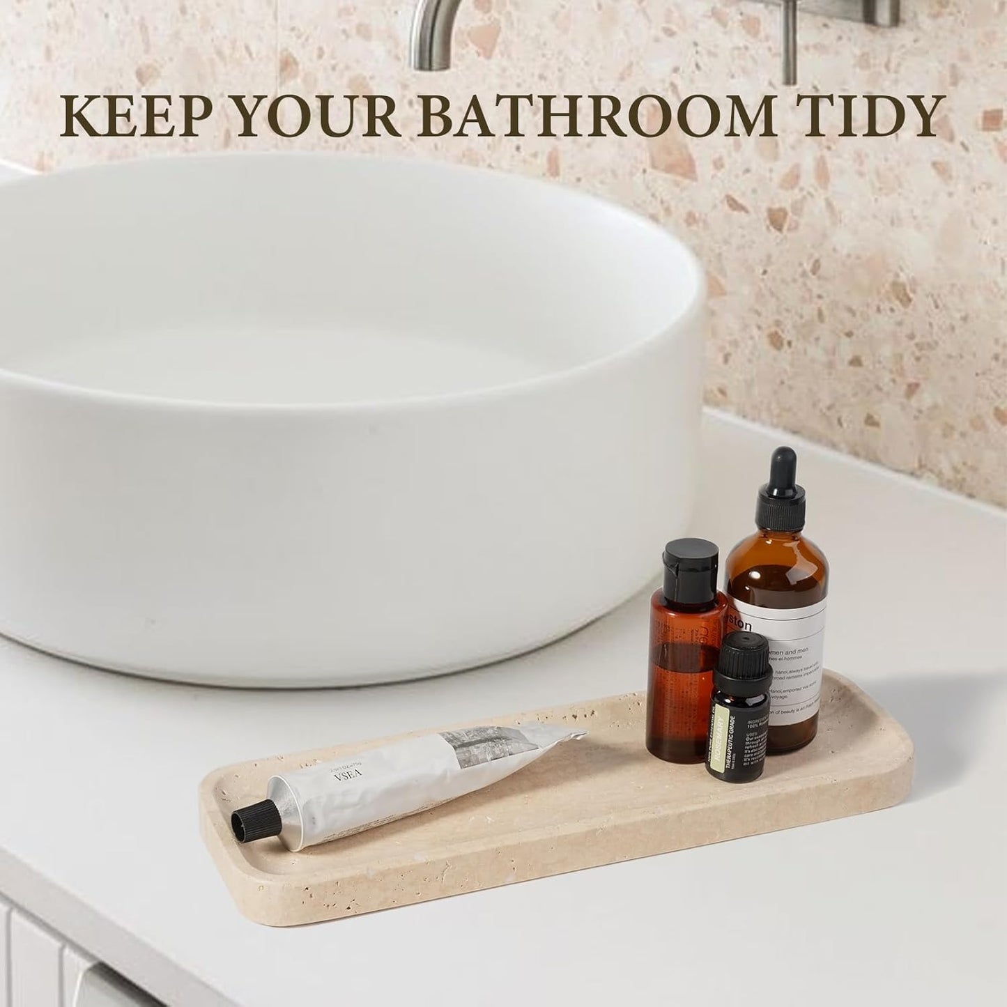 Koville Travertine Tray for Bathroom Sink, 12"x4" Natural Stone Vanity Tray for Kitchen Dresser Countertop, Rectangular Decorative Marble Tray for Jewelry Perfume Trinket(Beige)