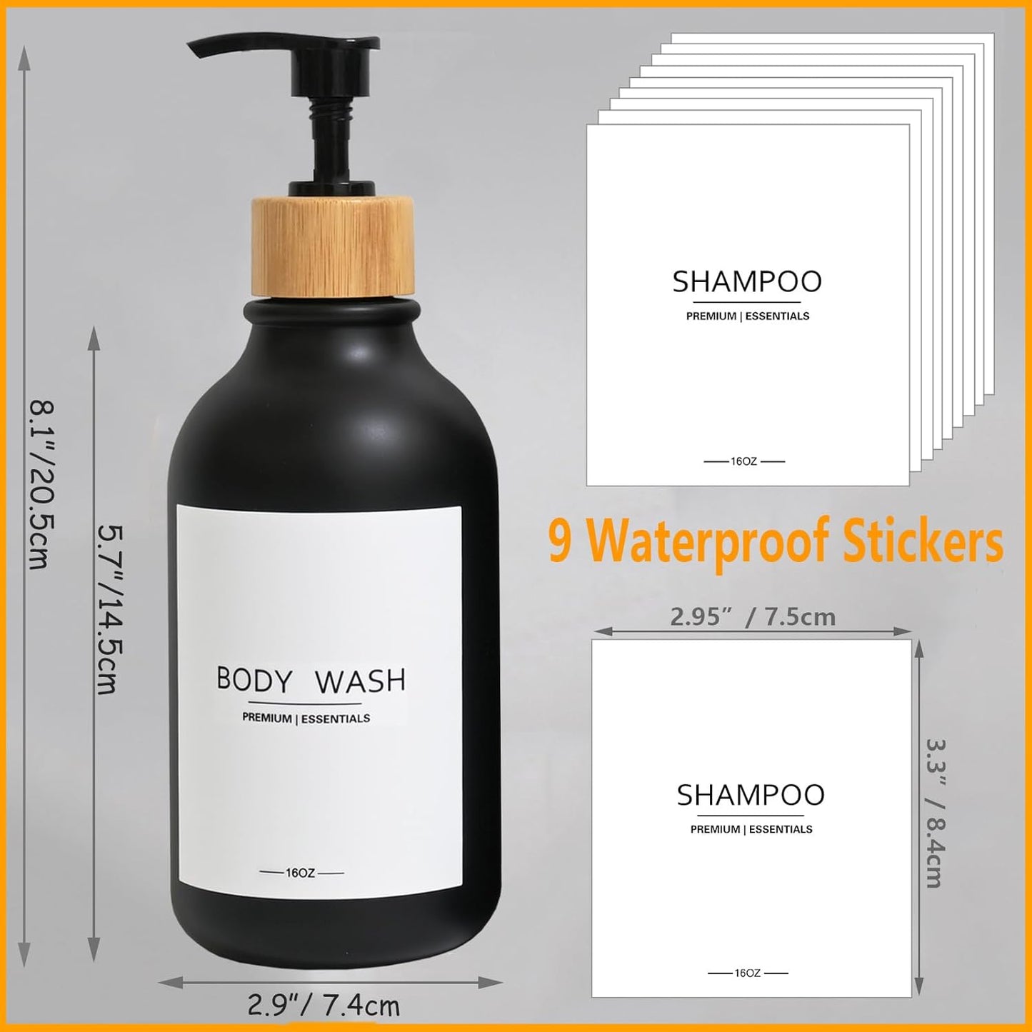 Frosted Plastic Shampoo and Conditioner Bottles, Apothecary Dispenser Bamboo Pump, Refillable Bottles for Shower Lotion, Oil, Hand Soap, Sanitizer, Liquid Soap, Set of 3 with 9 Labels (3, Matte Black)