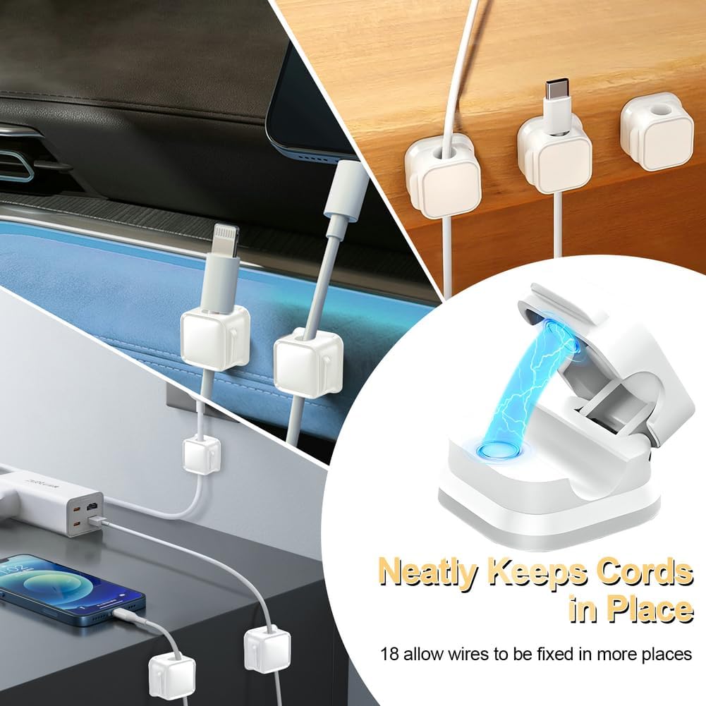 18 Pack Cord Organizer Holder, Magnetic Cable Clips Management, Easy Adhesive Phone Charging Cable Keeper, Hide Or Organize Desk Cable for Kitchen, Office, Car, Nightstand（White）