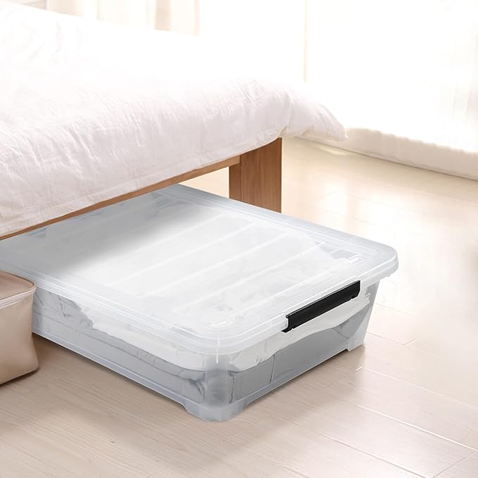 Morcte 40 Quart Plastic Underbed Storage Boxes, Clear Under Bed Plastic Storage Bin with Wheel, 3 Pack