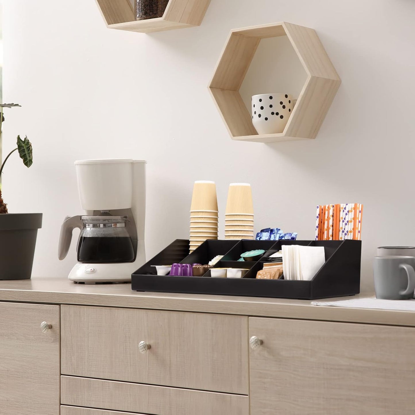 SZQINJI Coffee Condiment Organizer Holder 10-Compartment Break Room Coffee Condiment Caddy Cup Storage Holder Black