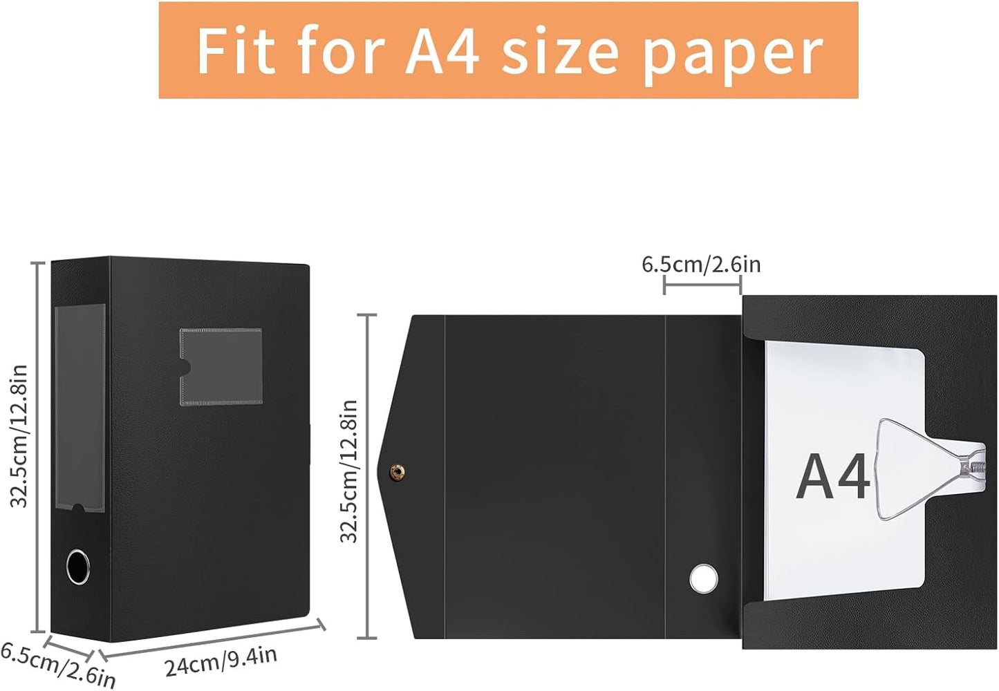 HUA JIE 2 Pack A4 Storage File Boxes Archives Case,65mm Spine,Box File Document Storage Box with Metal Clip for Office School -Black