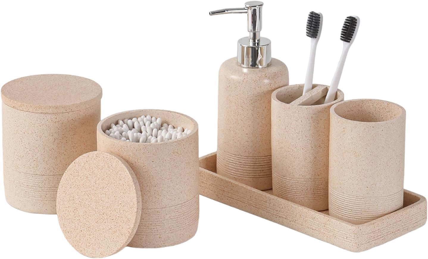 Bathroom Accessories Set, 6 PCS Modern Rustic Resin Bathroom Organizer Set, Toothbrush Holders Set, Soap Dispenser, Vanity Tray, Tumbler, Cotton Swab Jars (Beige)