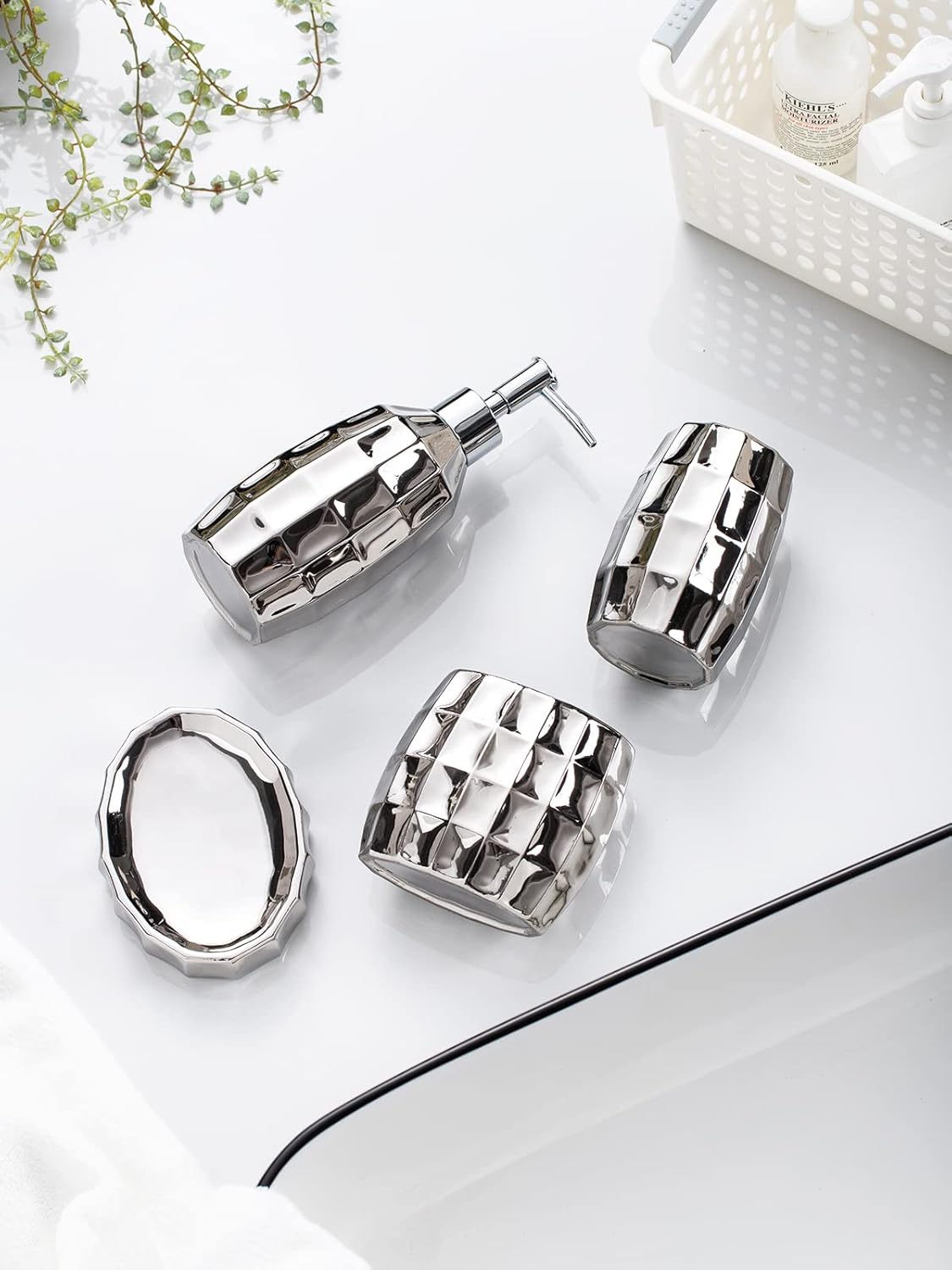 Silver Bathroom Accessory Set, Mosaic Ceramic Bathroom Accessories Set Include Lotion Dispenser, Toothbrush Holder Tumbler, and Soap Dish