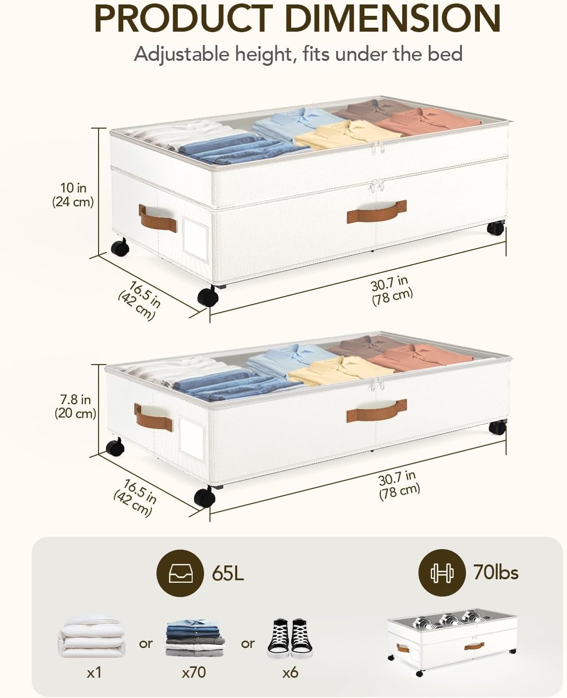 Under Bed Storage with Wheels, 10 inches Under the Bed Storage Containers Large, 65L XXL Adjustable Storage for Underbed with Lids, Rolling for Shoes, Clothes, Blankets, White