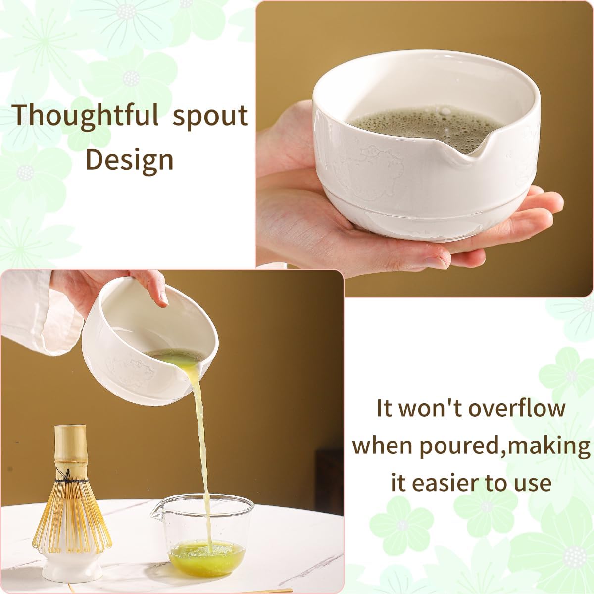 Matcha Tea Set, 5-Piece Ceramic Matcha Bowl & Whisk Kit with Cute Cat Pattern, Traditional Japanese Chawan, Scoop & Sifter, Perfect for Tea Ceremony, Gift for & Tea Lovers (white)