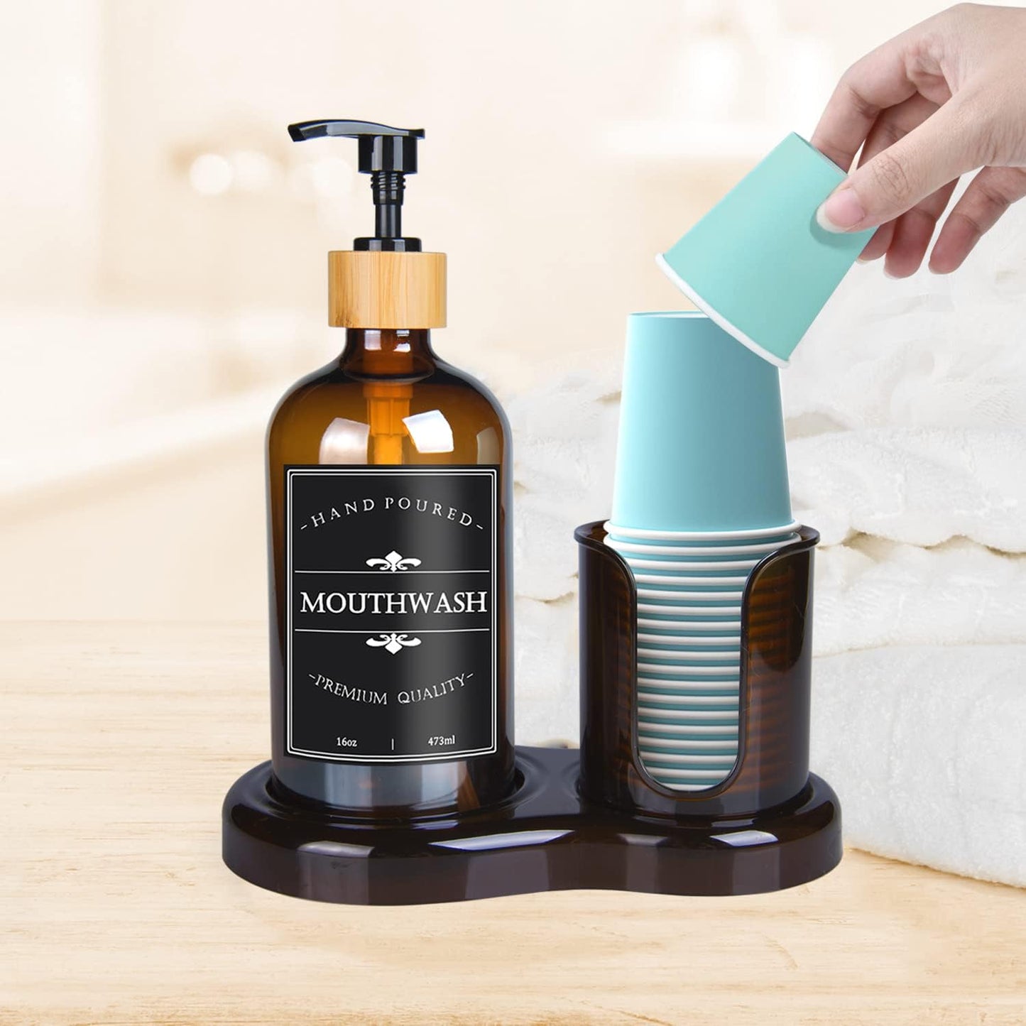 Amber Glass Mouthwash Dispenser with Cup Holder for Bathroom, 16oz Refillable Mouthwash Bottles Container with Tray, Funnel and Waterproof Labels