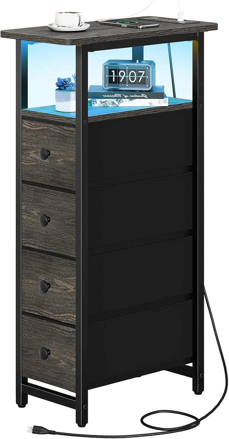Yoobure LED Narrow Nightstand with Charging Station - Slim Dresser for Bedroom Narrow Side Table Storage Cabinet, Small Dressers Chest of Drawers, Tall Skinny Night Stand End Table for Small Spaces