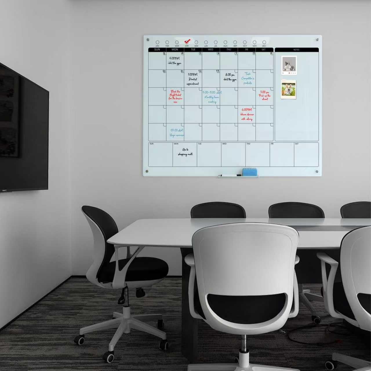 Magnetic Glass Whiteboard Calendar 48"x36" Glass Dry Erase Calender Board 36"x48" Monthly Plan White GlassBoard Wall Mounted for Office School Home (White)