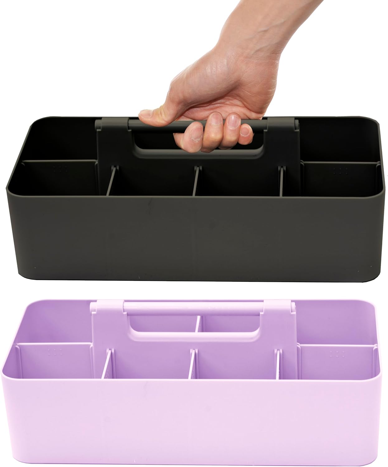 Portable Caddy Organizer -2 Stackable Plastic Caddy with Handle | Desk, Makeup, Dorm Caddy, Classroom Art Organizers (Made In Usa) (Black/Lavender)