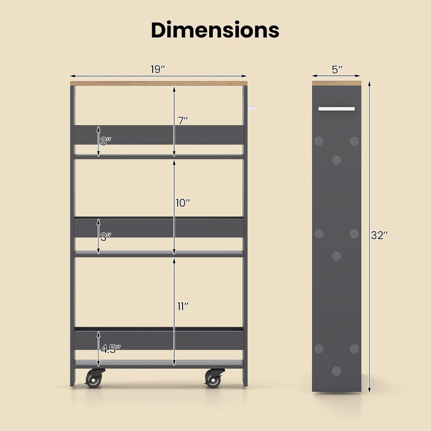 Small Kitchen Cart, 4-Tier Slim Rolling Island w/Handle, Laundry Room Storage Organizers Between Washer and Dryer, Narrow Spice Rack on Wheels Next to Fridge (Gray, 5'')