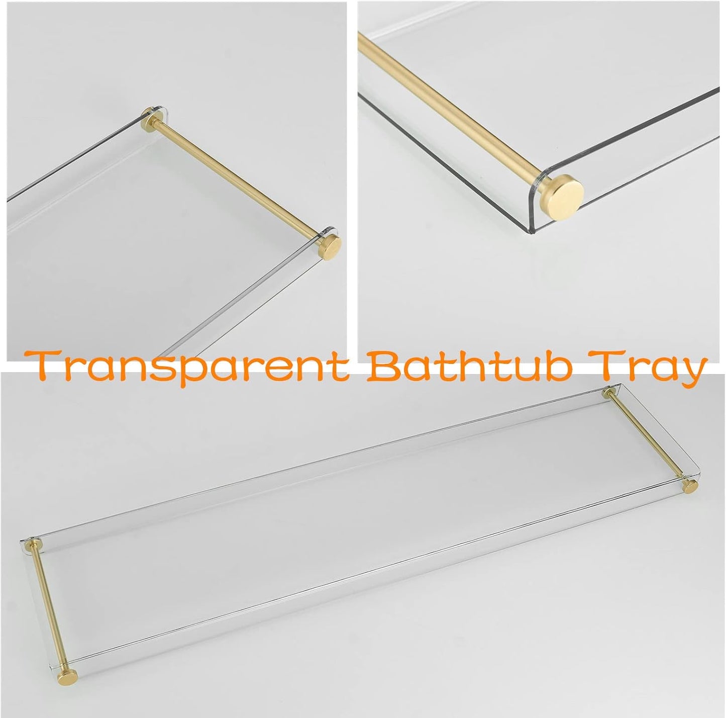 Bathtub Tray Clear Caddy Rack: Acrylic Tub Tray Shelf with Gold Rails to Hold Book Phone Candle Wine - Waterproof Bathtub Accessories, Luxury Gifts for Women