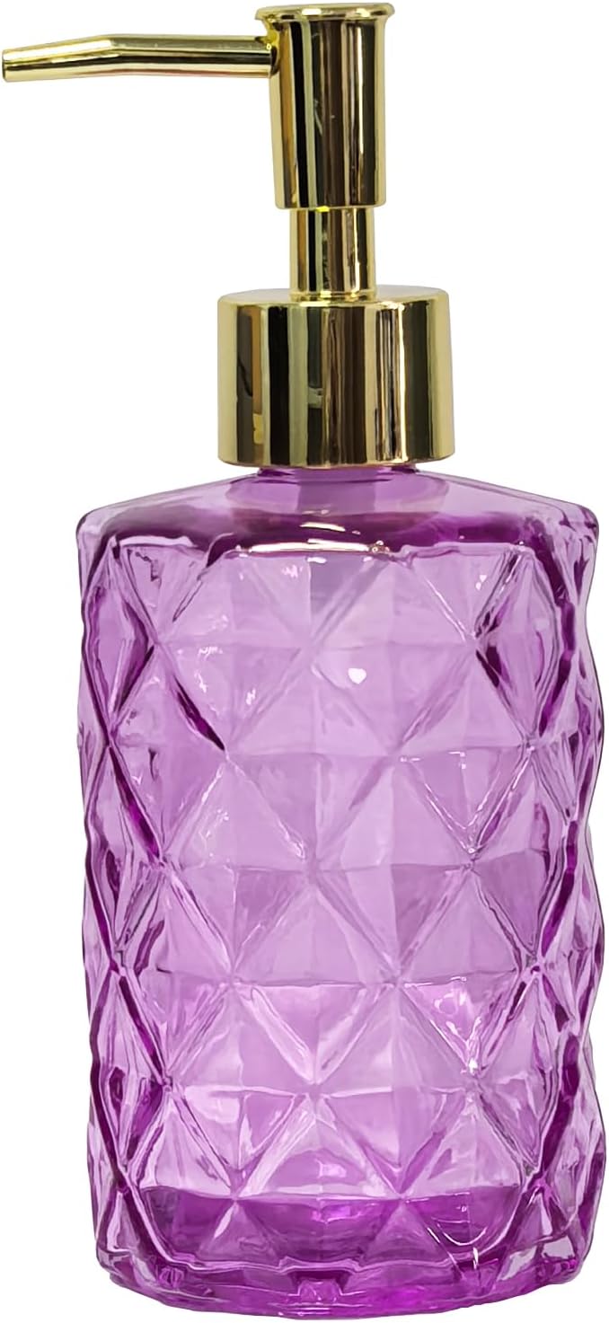 Glass Soap Dispenser with Gold Plastic Pump, 12oz Refillable Liquid Hand Soap Dispenser, Crystal Lotion Bottle for Modern Home Decor, Bathroom, Kitchen Countertop, Hotel(Rosy)