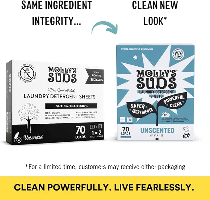 Molly’s Suds Laundry Detergent Sheets | Gentle on Sensitive Skin, Powerful Bio-Based Enzymes, Stain-Fighting | Liquidless & Plastic-Free Packaging | 70 Loads (Unscented)
