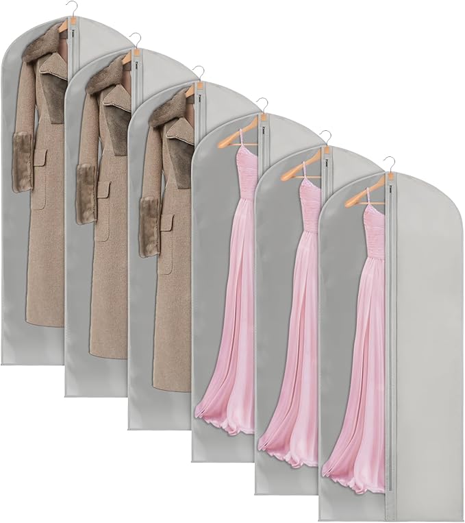 KEEGH Dress Bags for Gowns Long, 65" Dress Garment Bags for Hanging Clothes, Dress Covers Dress Bags for Closet Storage, Long Garment Bags for Dresses, Gowns with Big Clear Window, 6Pack, Grey