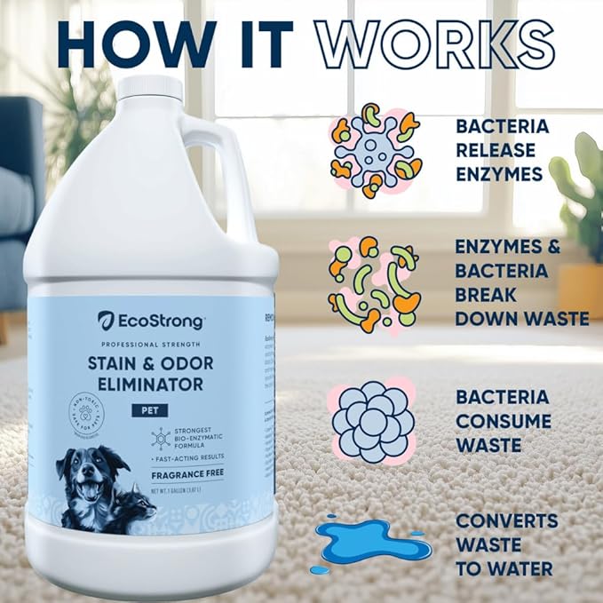 Eco Strong Pet Stain and Odor Remover - Cat Urine Enzyme Cleaner, Urine Destroyer for Dogs, Pet Urine Enzyme Cleaner [All New Fragrance Free] - 128oz