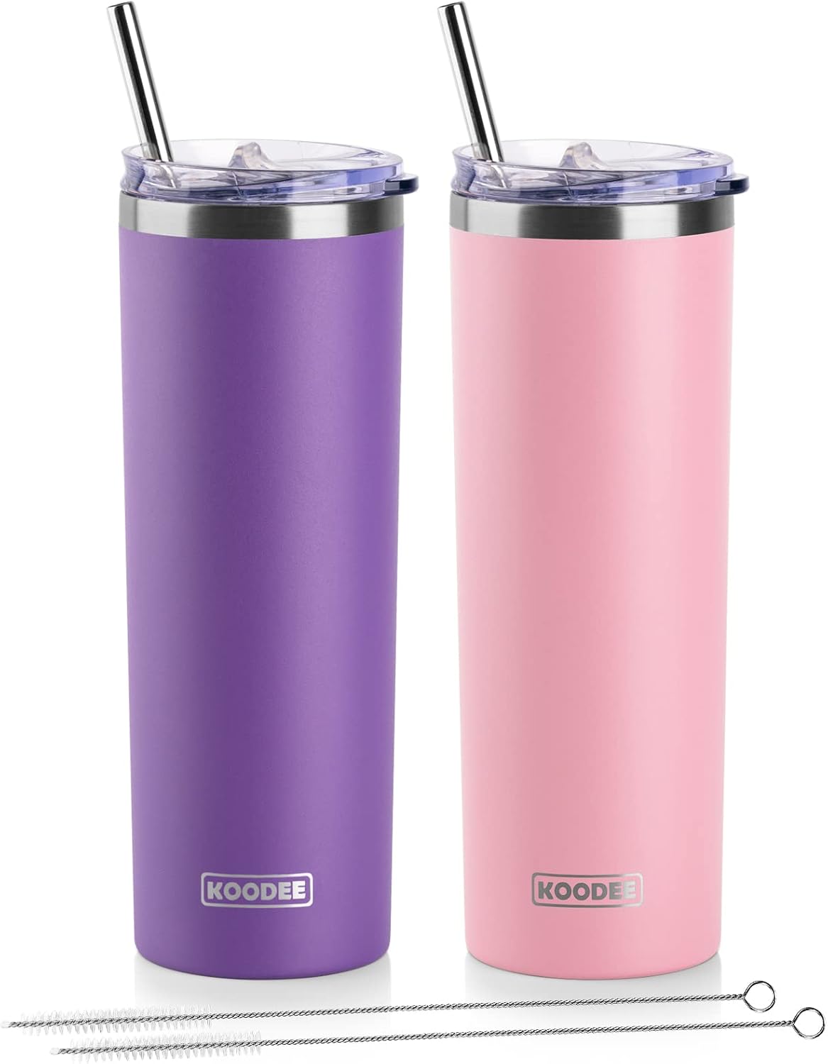 koodee 20 oz Skinny Tumbler (2 Pack) Stainless Steel Double Wall Insulated Water Tumbler Cup with Straw, Slim Travel Tumbler for Women Diy Birthday Gift (Purple-Pink)