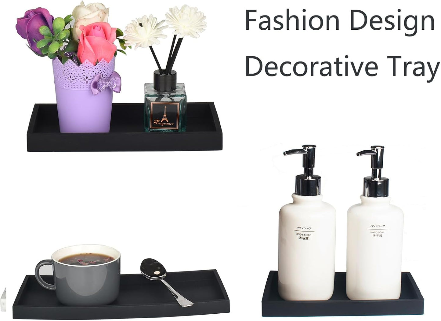 DNC Bathroom Vanity Tray for Counter, 2PC (7.9" +11.8") Silicone Kitchen Sink Soap Tray for Countertop Dish Holder Dispenser Toilet Tank Desk Organizer Black