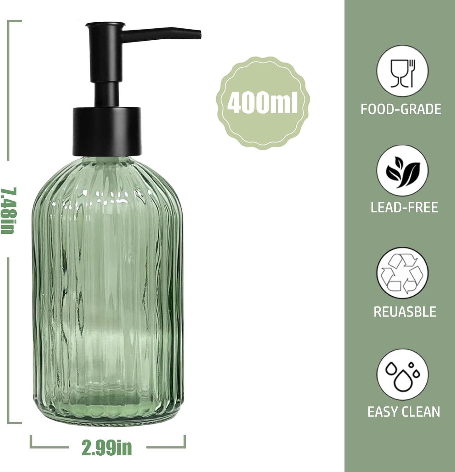 14 Oz Black Pump Glass Soap Dispenser, Green Stripe Countertop Refillable Liquid Bottle Hand Dish Lotion Dispenser with Plastic Pump, for Kitchen, Bathroom