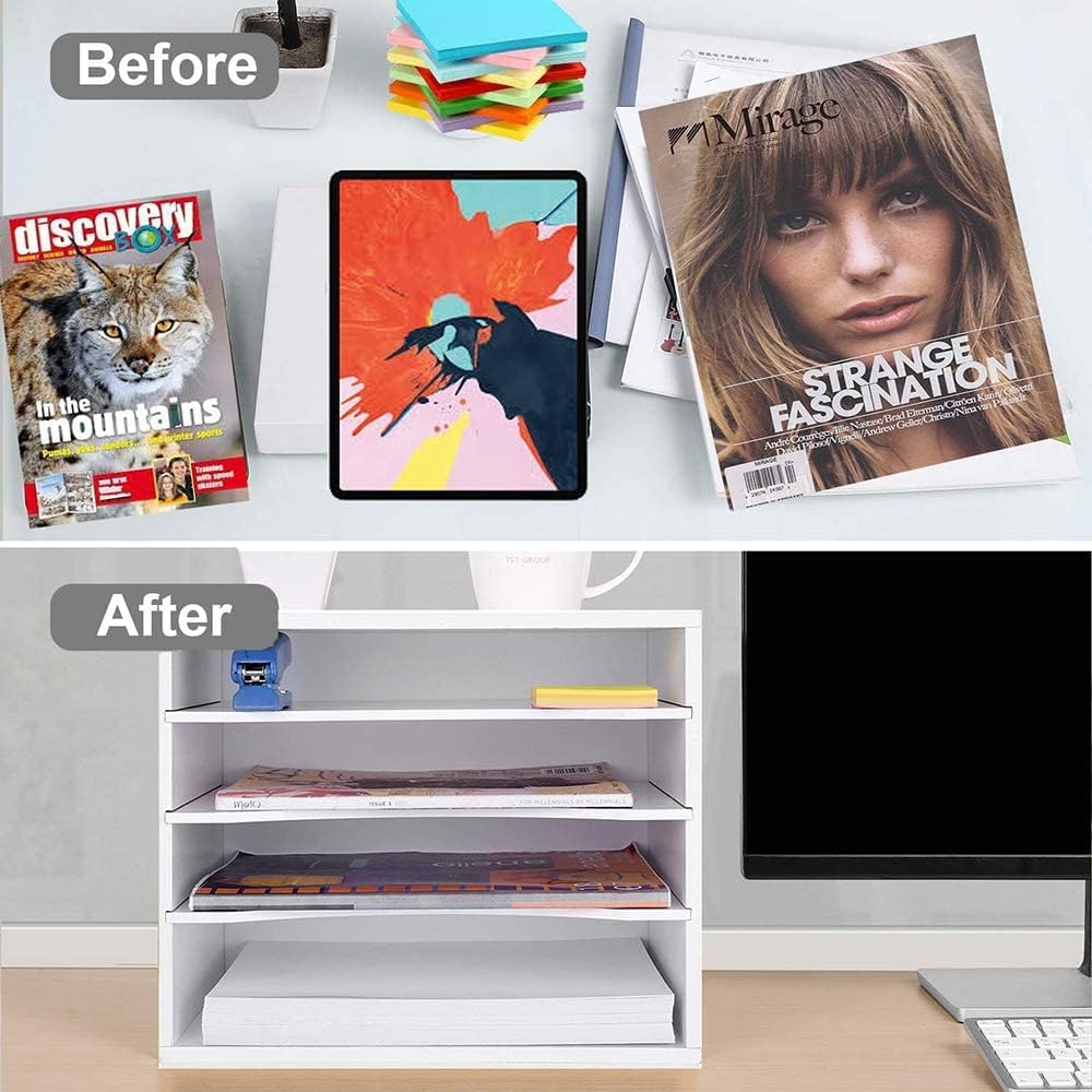 EMERIT Paper Organzier Wood Desktop Organizer Storage Letter Tray File Sorter with Adjustable Shelves for Home Office