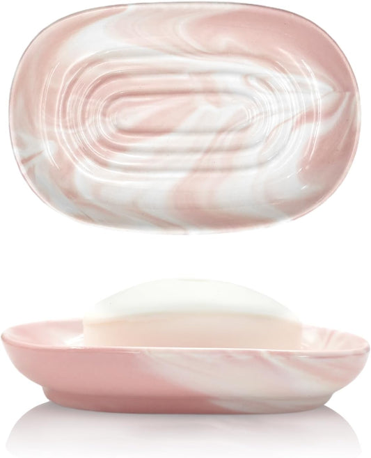 Elegant Ceramic Soap Dish for Shower with Unique Marble Texture, Decorative Bar Soap Holder for Bathroom & Kitchen, Easy Clean Versatile Oval Soap Dishes for Soap Bar