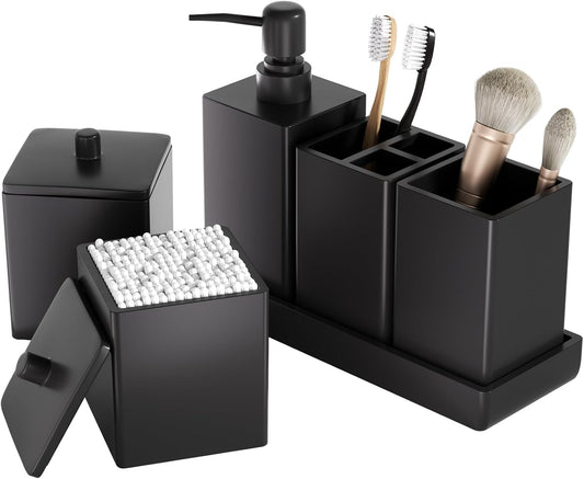 Black Bathroom Accessories Set Resin 6PCS, Square Toothbrush Holders Set Complete with Soap Dispenser, Vanity Tray, Tumbler, Cups and Cotton Swab Jars for Counter, Sink or Small Spaces