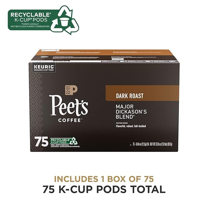 Peet's Coffee, Dark Roast Keurig K-Cup Pods - Major Dickason's Blend 75 Count (1 Box of 75 Pods)