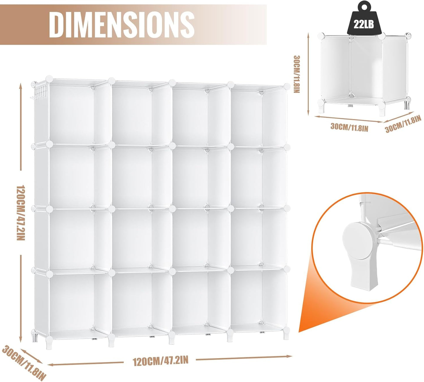 Neprock 16 Cubby Storage Organizer, Closet Clothes Storage Organizer, Cube Shelves Closet Organizers and Storage Shelves for Clothing Storage with Hammer, Bookshelf for Kids (White)