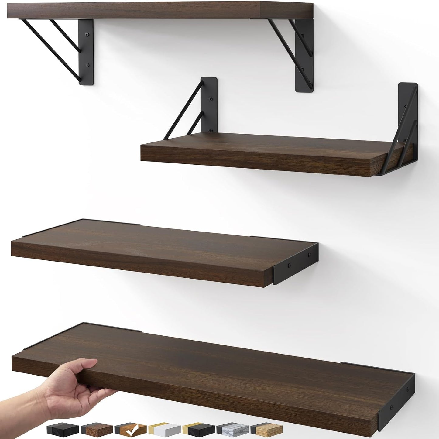 BAYKA Floating Shelves for Wall, Book Shelf for Bedroom, Decor Shelves for Living Room Kitchen, Mounted Wood Floating Shelf for Home Decor, Corner Shelf for Bathroom, Office(Walnut-Toned,Set of 4)