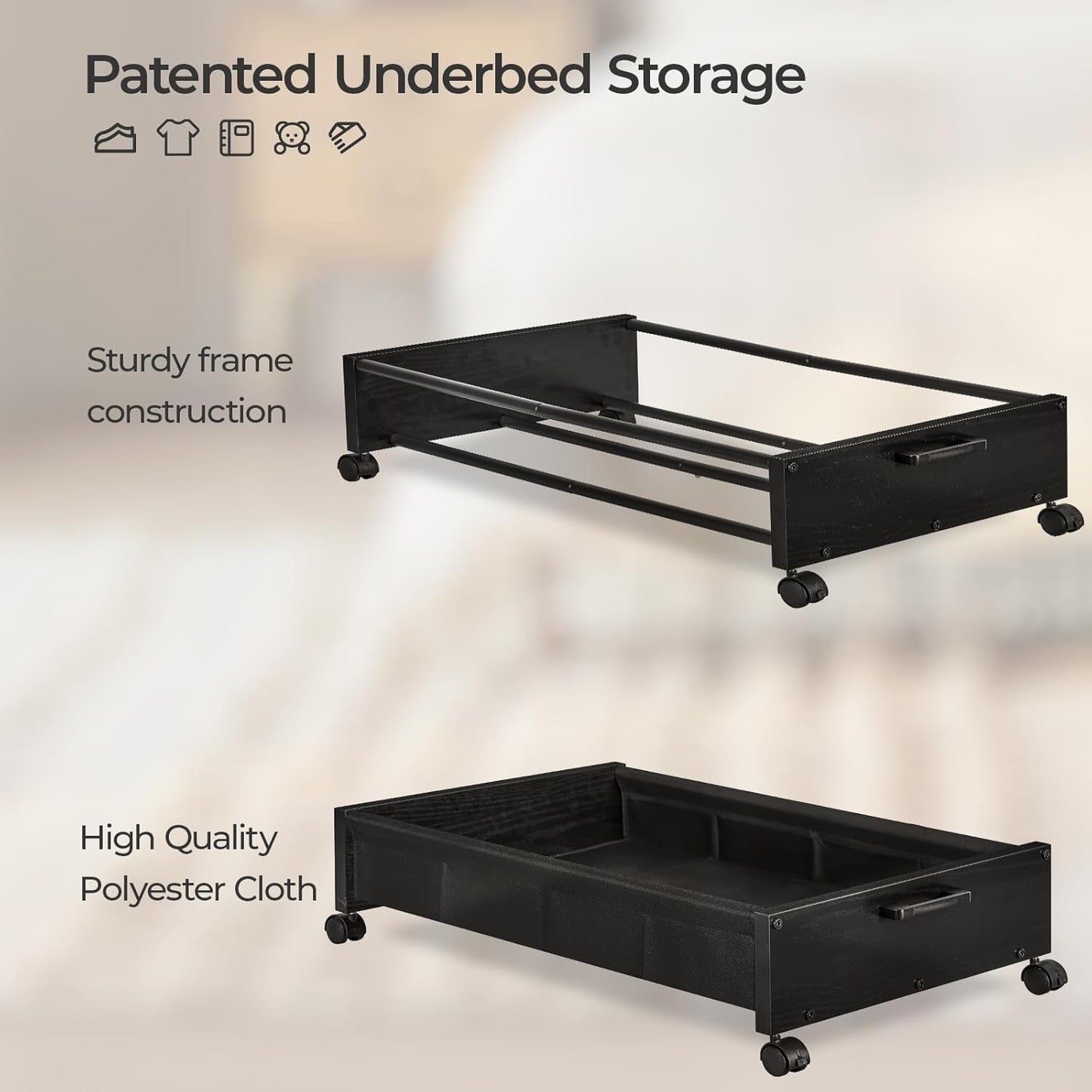 Under Bed Storage with Wheels, Wooden Under Bed Drawers On Wheels, Rolling Under Bed Shoe Storage, Space Saving, Black,50L