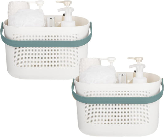 UUJOLY Plastic Storage Baskets with Handles, Shower Caddy Shelf Organizers Basket for Bathroom, Kitchen, Dorm Room, Green, 2 Pack