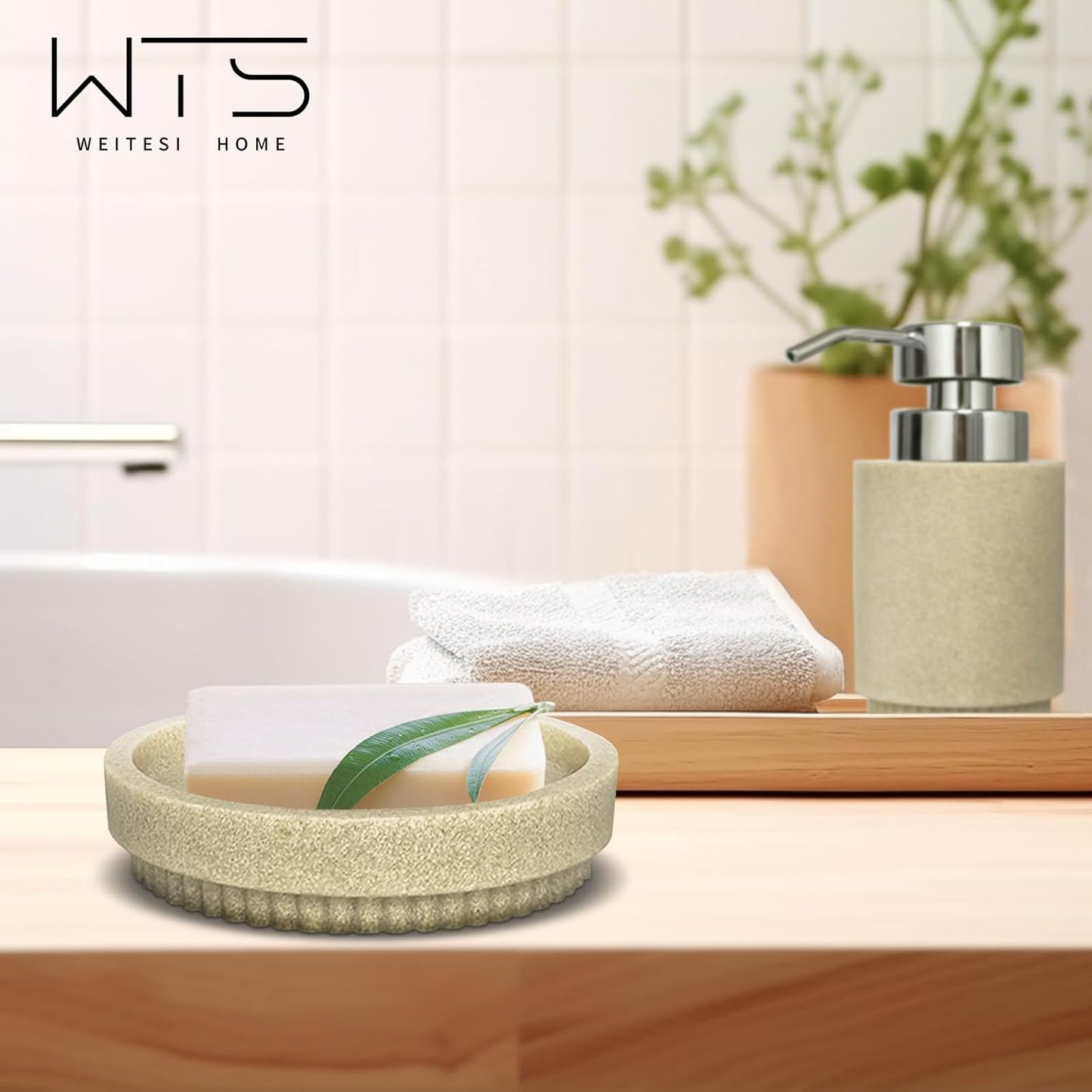 Resin Bathroom Accessories Set, 4 Pcs Modern Bathroom Accessory Set with Liquid Plastic Pump Lotion Soap Dispenser,2 Toothbrush Cup, Soap Dish Countertop Vanity Organizer (Beige)