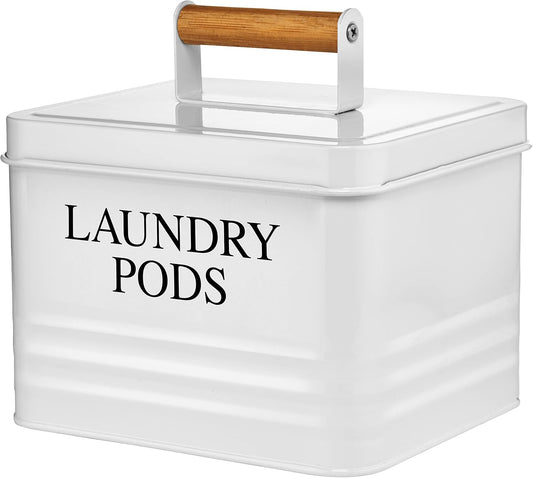 Calindiana Modern Farmhouse Metal Laundry Pods Holder Container with Lid for Laundry Room Decor and Accessories and Space Saving Organization and Storage, Holds 81 Laundry Pods, White