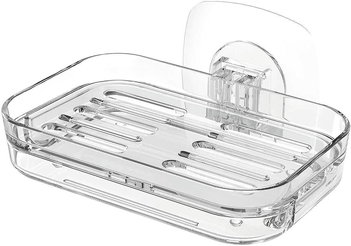 Bar Soap Dish for Shower Clear Acrylic Soap Holder with Self-Draining Design - No Drilling Required Strong Adhesive Mount for RV Bathroom and Kitchen Easy to Clean and Space-Saving (Adhesive)