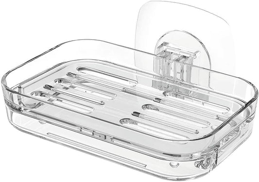 Bar Soap Dish for Shower Clear Acrylic Soap Holder with Self-Draining Design - No Drilling Required Strong Adhesive Mount for RV Bathroom and Kitchen Easy to Clean and Space-Saving (Adhesive)