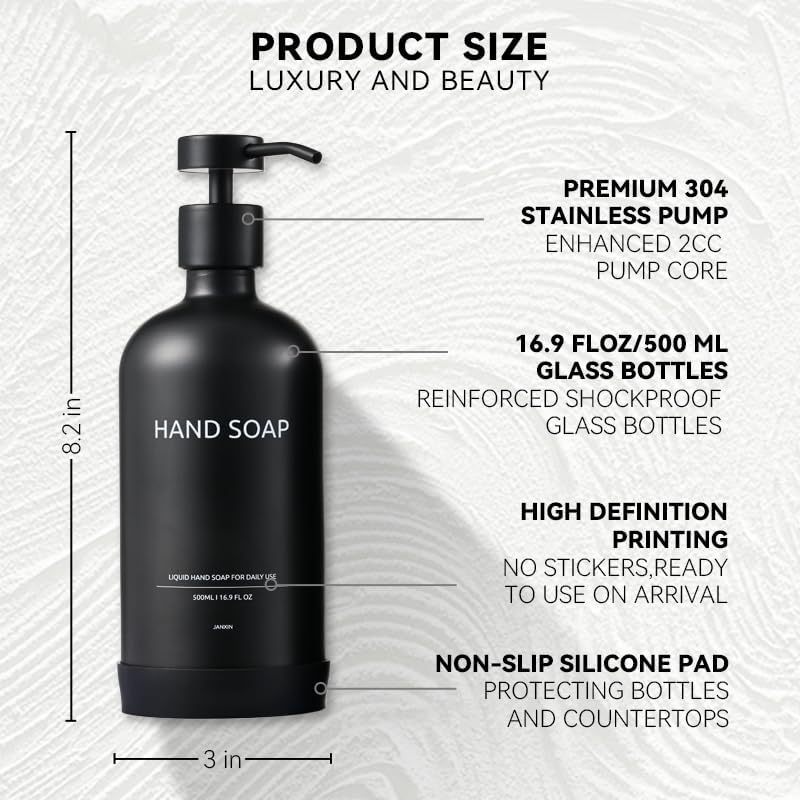 Kitchen Soap Dispenser Set with Non-Slip Protective Silicone Pad,Hand Soap Dispenser for Kitchen and Bathroom Decor, Black Kitchen Accessories (Black Bottles +Black Pumps)