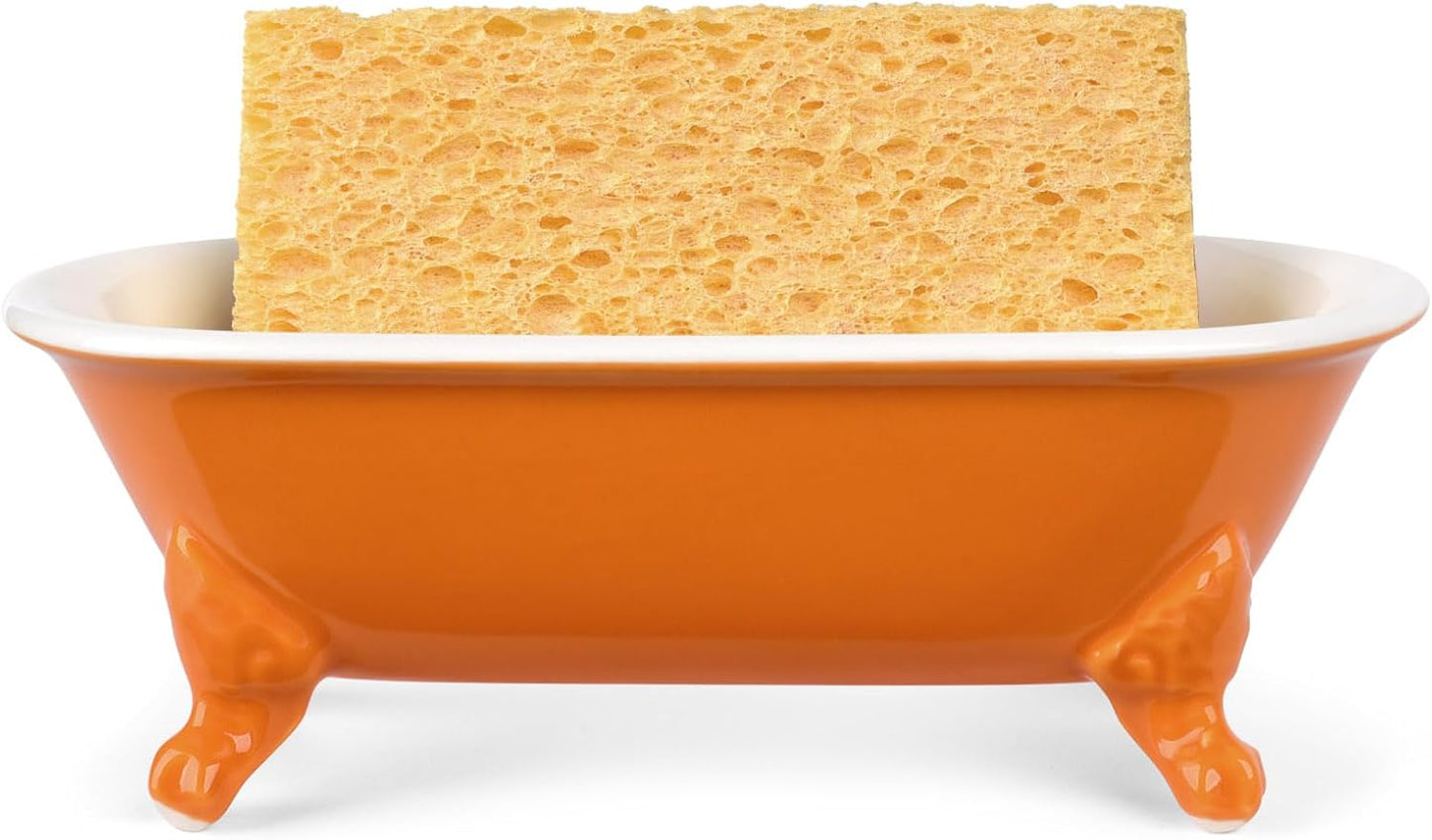 6.5" Ceramic Mini Decorative Clawfoot Bathtub Bar Soap Dish, Kitchen Sponge Holder and Shower Tray for Bathroom, 1 Pack(Tangerine)