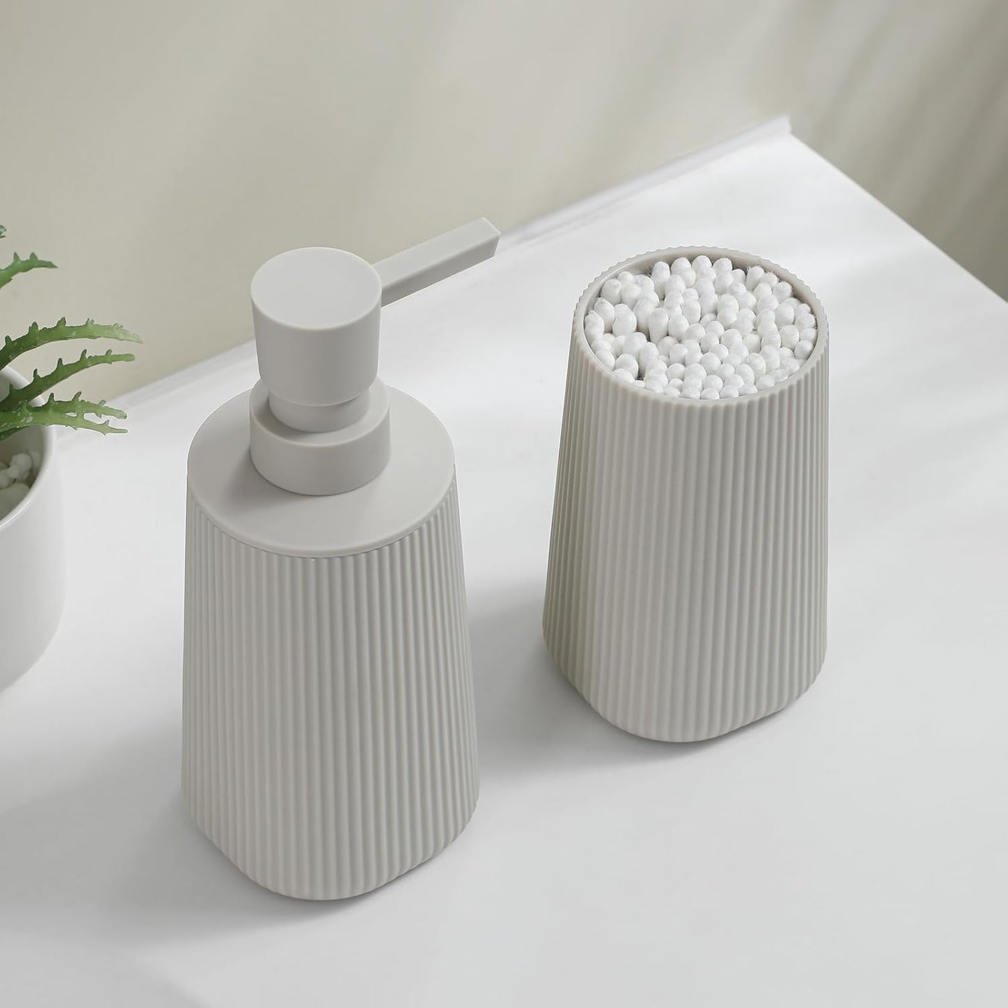 Bathroom Accessories 2 Piece Soap Dispenser and Toothbrush Holder Set Striped Beige