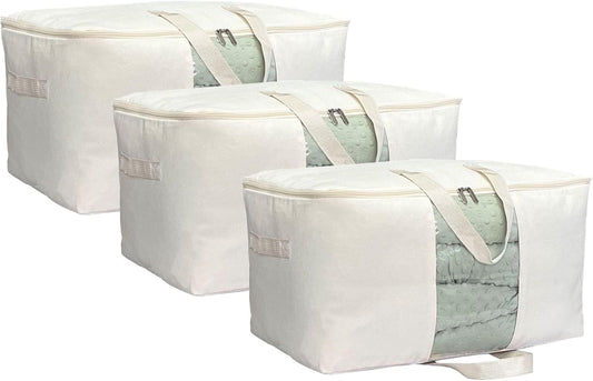 Soft Canvas Clothes Storage Bags with Four Carrying Handles and Clear Window, Closet Organizer for Clothing, Blankets Sheets and Bedding, 55L, 3 Pack, Beige