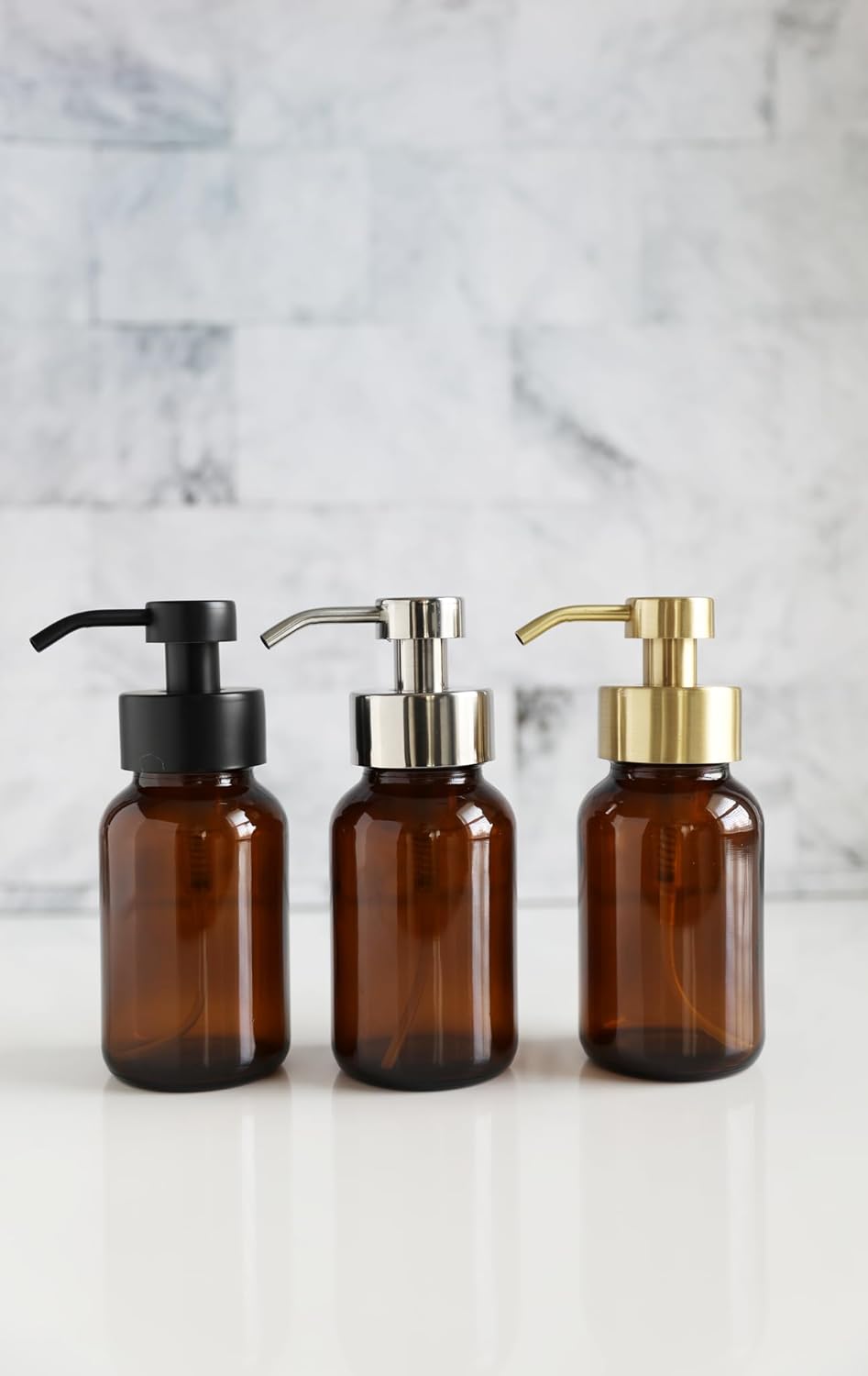 Rail19 Amber Glass Apothecary Foaming Soap Dispenser with Metal Pump - for Kitchen and Bathroom Countertop, 8.5oz (Black)