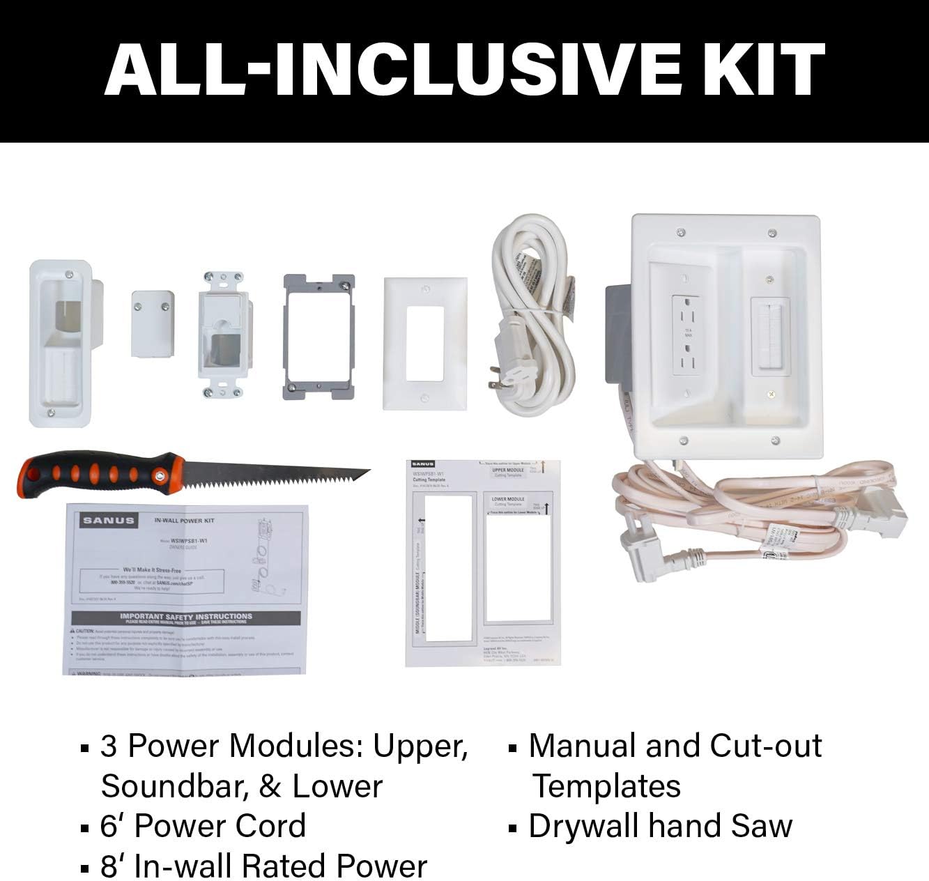 SANUS Ultimate in-Wall Cable Management Kit for Mounted TV & Soundbar - Includes Soundbar & TV Wire Management - Conceals Power, HDMI, Optical, and Low-Voltage Wires Behind Wall Model: WSIWPSB1