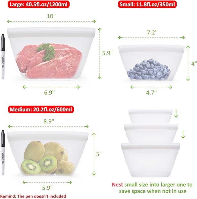 Silicone Bags for Food Storage, Reusable Zip Lock Silicone Food Storage Containers Stand Up Snack Bags, Freezer Microwave Oven Dishwasher Safe, Plastice BPA-Free 3 Pack(40oz 20oz 12oz)