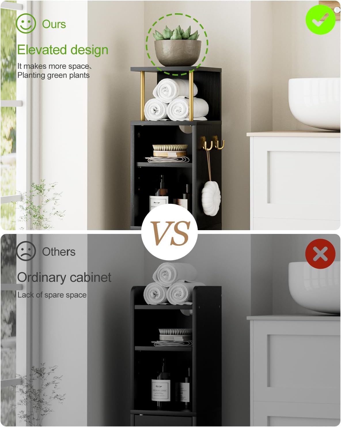 Bathroom Storage Cabinet,Small Corner Floor Cabinet with 2 Hook,Narrow Tall Toilet Paper Cabinet with Adjustable Shelves,Bathroom Organizer for Living Room,Small Spaces (Wave, Black-37''H)