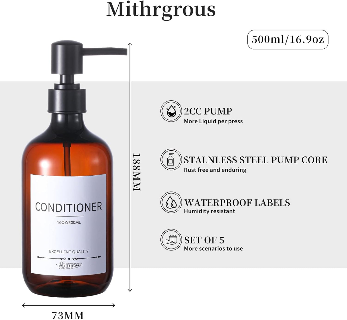 Shampoo and Conditioner Bottles(5Pack),Shampoo Dispenser for Shower,Bottles Refillable with Pump,Bathroom Dispenser Sets(Amber)