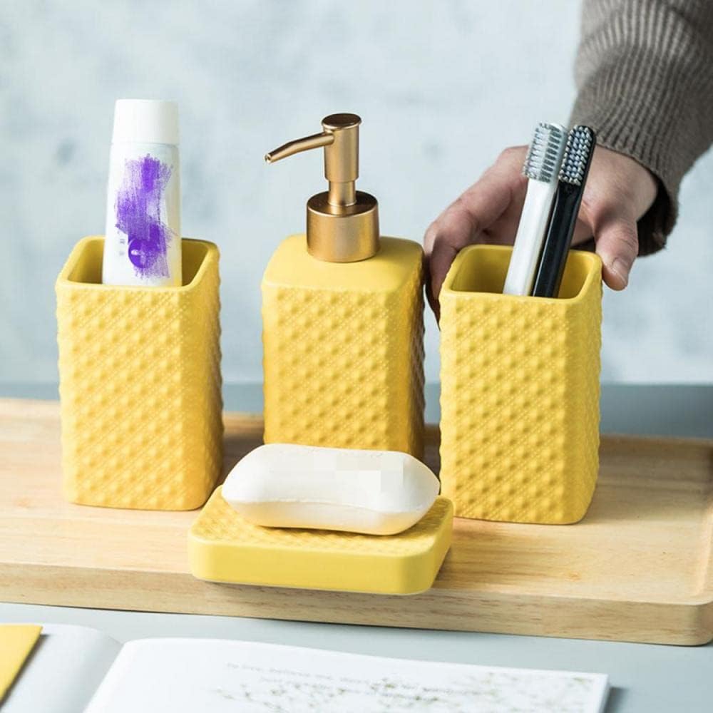 Bathroom Accessories Set Ceramic Soap Dispenser Toothbrush Holder Bathroom Tumbler Soap Dish Bathroom Decor Vibrant Modern Bathroom Set (Yellow 4-Piece Suit)