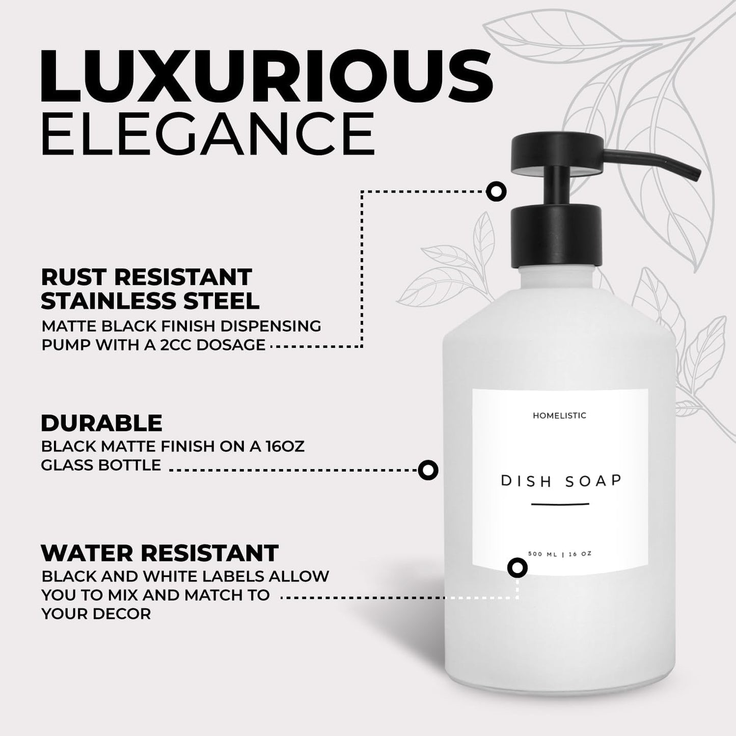 Luxury Glass Soap Dispenser Set of 2 - Elegant Aesthetic White Glass Bottles with Modern Matte Black Stainless Steel Pumps, Ideal for Kitchen, Bathroom, Hand Soap, Dish Soap, and More.