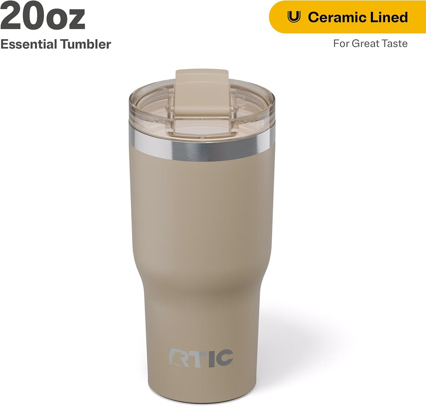 RTIC 20oz Essential Tumbler with Lid, Ceramic Lined, Insulated, Stainless Steel, Metal, Double Wall Vacuum-Insulation, Travel Cup for Iced Coffee, Tea, Hot and Cold Drink, Beach