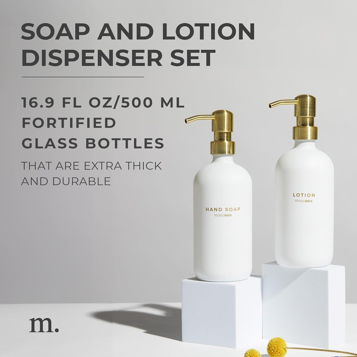 MaisoNovo Soap Dispenser 2-Piece Set | 16.9oz Clear Bottles with Gold Stainless Steel Pumps